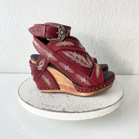 Lane Boots LEXINGTON Womens Red Wedges 7.5 Western Sandals Cowgirl Wooden Heels - Picture 3 of 11
